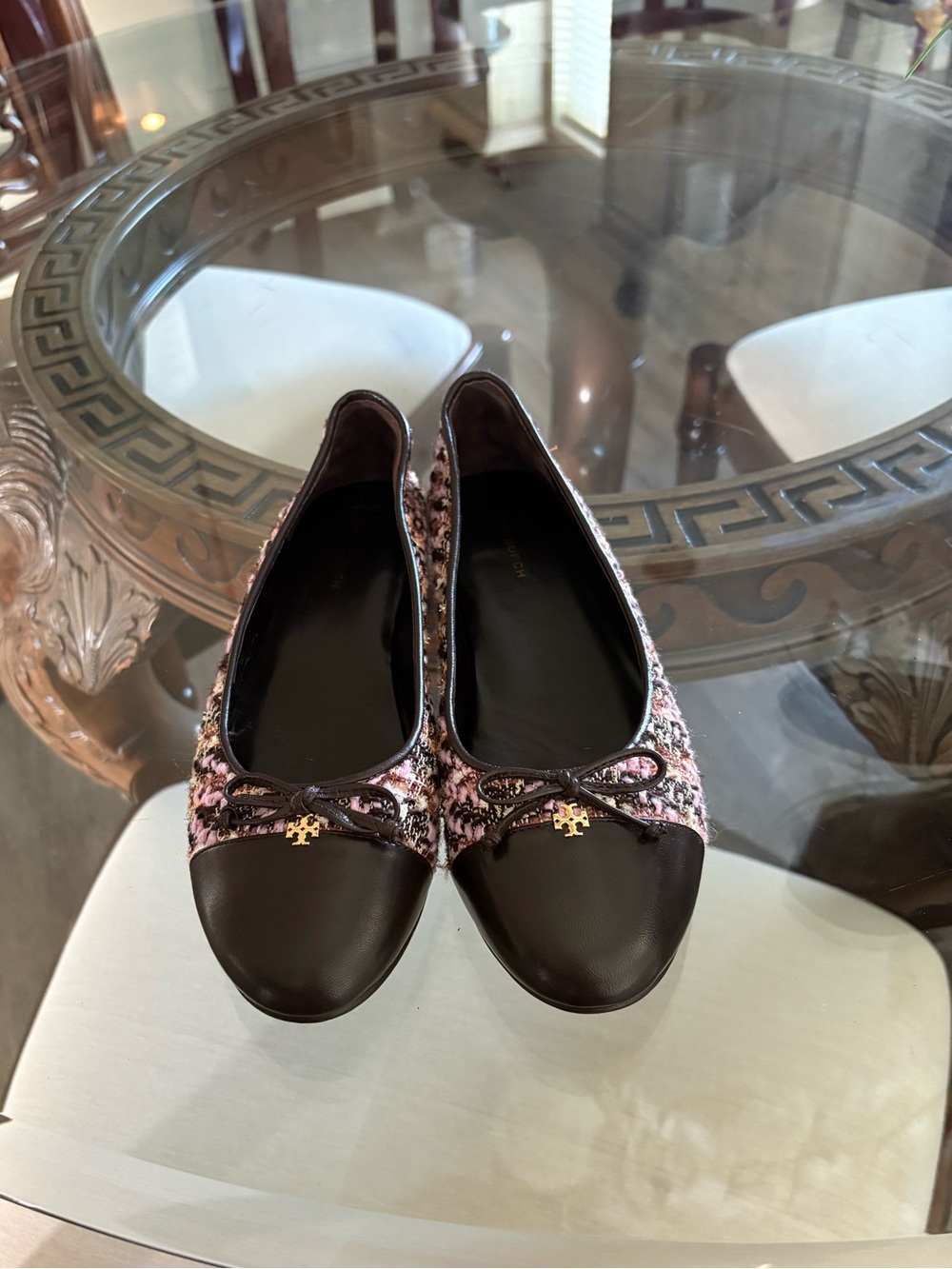 🤎🩷TORY BURCH CAP TOE BALLET LEATHER/TWEED BOUCLE FLATS!🤎🩷 - Picture 2 of 6